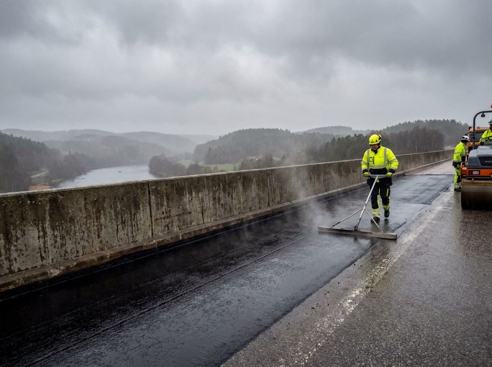 Gjutasfalt läggs som tätskikt på en betongbro