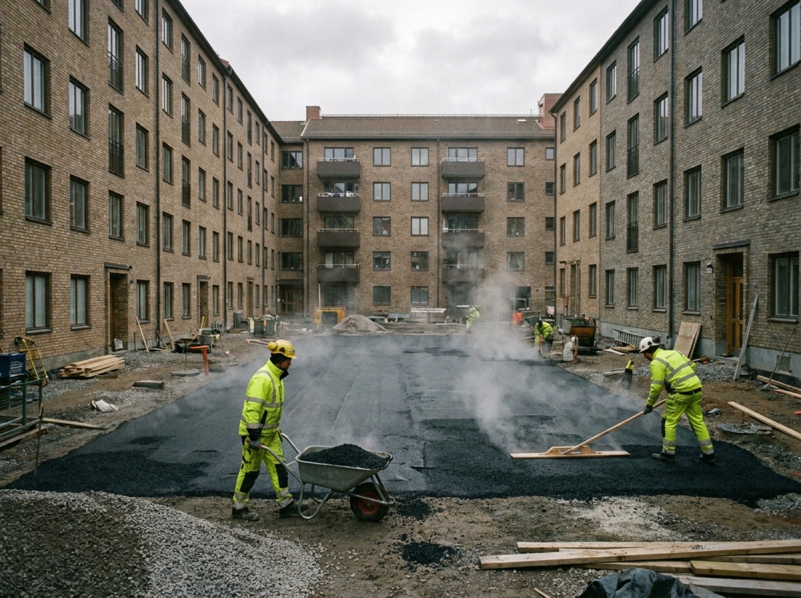 Gjutasfalt läggs på en innergård ovanpå ett garage