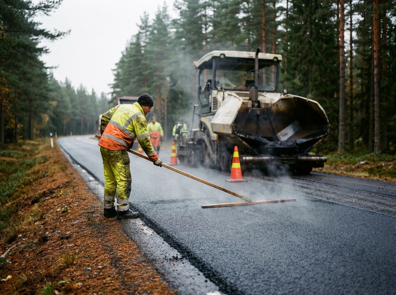 Gjutasfalt läggs på en riksväg genom skog